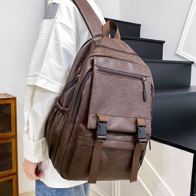 Faux Plain Zip Backpack Leather