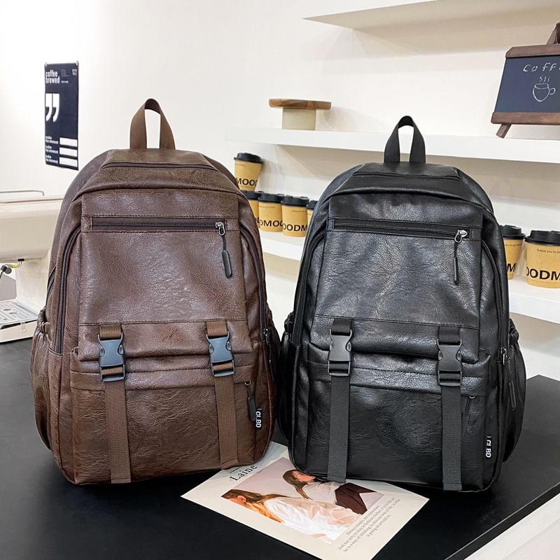 Faux Plain Zip Backpack Leather