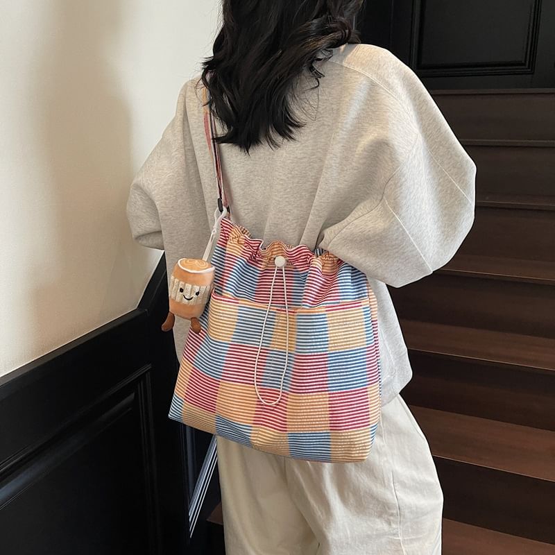 Crossbody Plaid Drawstring Bag