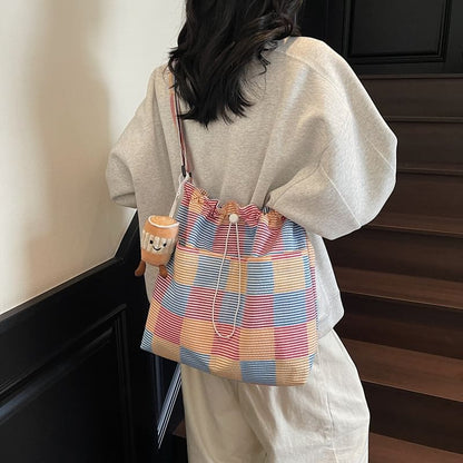 Crossbody Plaid Drawstring Bag