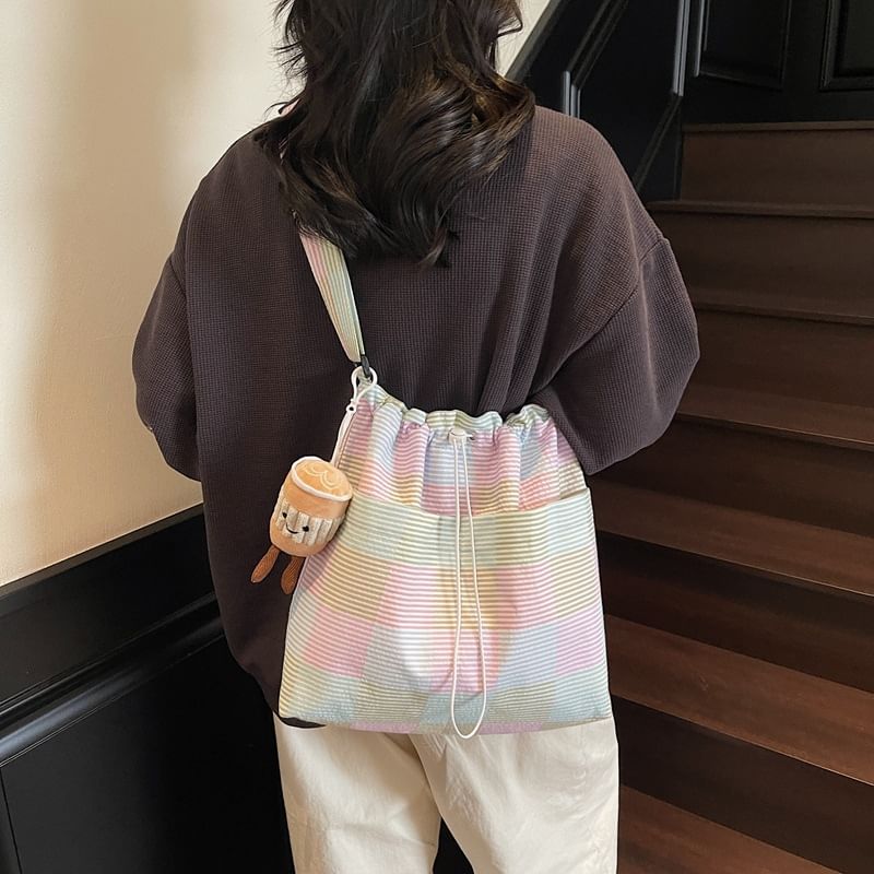 Crossbody Plaid Drawstring Bag