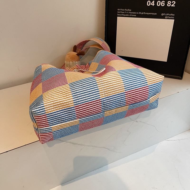 Crossbody Plaid Drawstring Bag