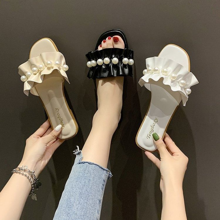 Ruffle Slide Faux Sandals Pearl