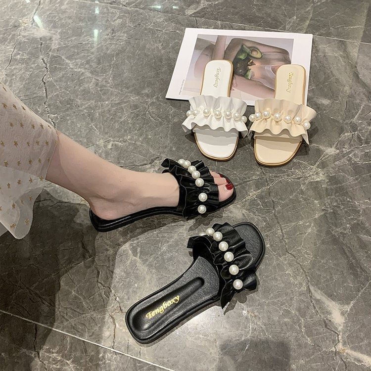 Ruffle Slide Faux Sandals Pearl