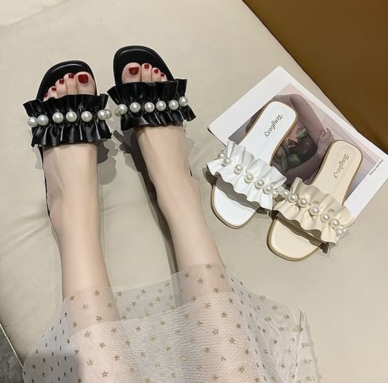 Ruffle Slide Faux Sandals Pearl