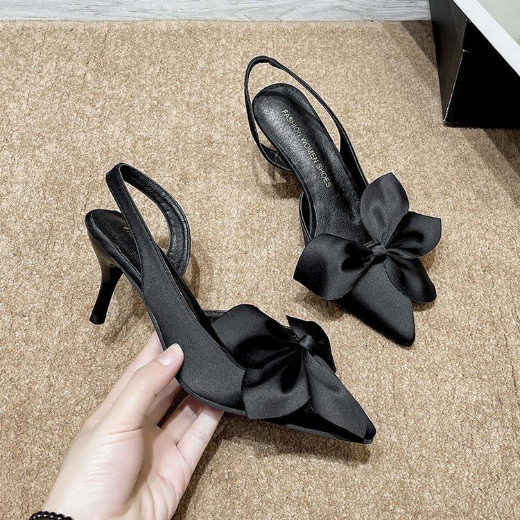Bow Toe Pumps Pointed Satin Slingback