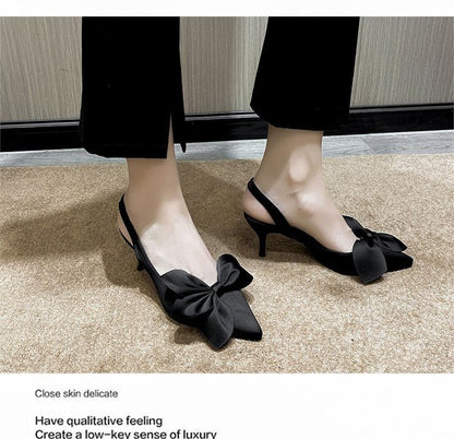 Bow Toe Pumps Pointed Satin Slingback