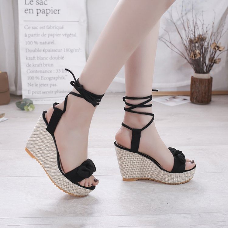 Platform Bow Wedge Sandals Tie-Up