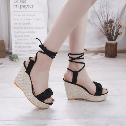 Platform Bow Wedge Sandals Tie-Up