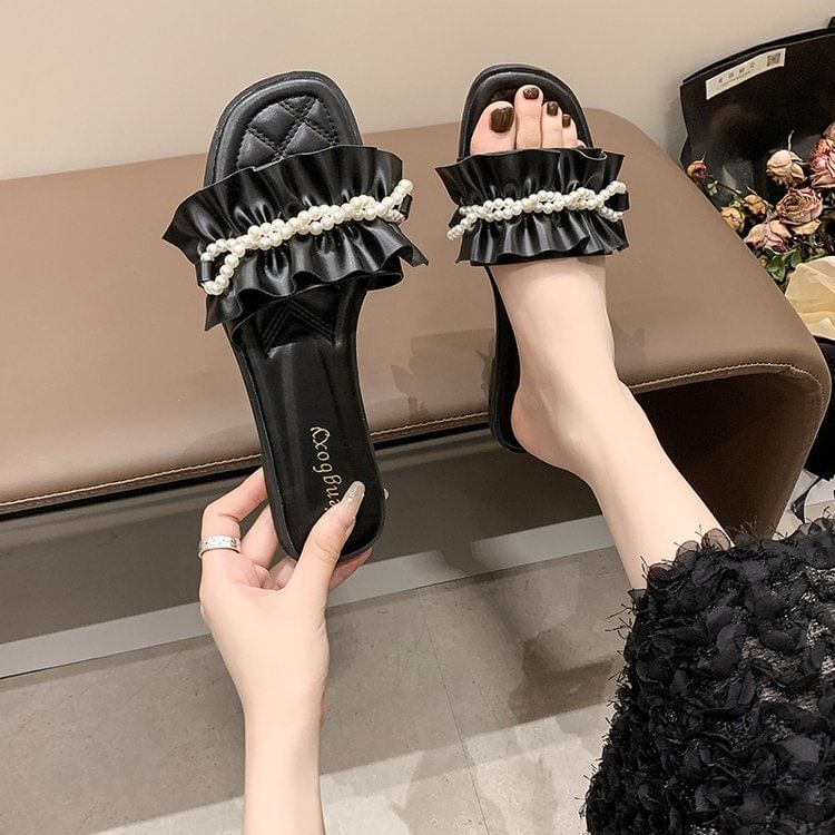 Ruffle Faux Pearl Sandals Slide