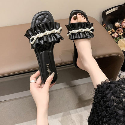Ruffle Faux Pearl Sandals Slide