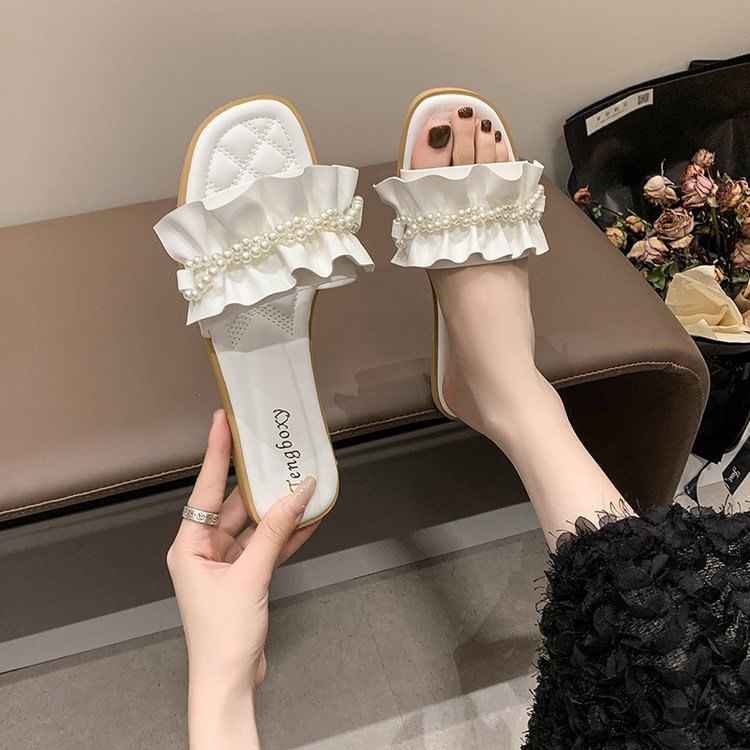 Ruffle Faux Pearl Sandals Slide