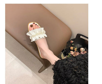 Ruffle Faux Pearl Sandals Slide
