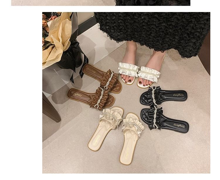 Ruffle Faux Pearl Sandals Slide