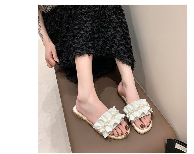 Ruffle Faux Pearl Sandals Slide