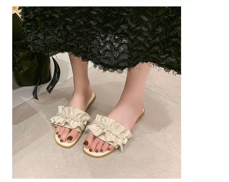 Ruffle Faux Pearl Sandals Slide