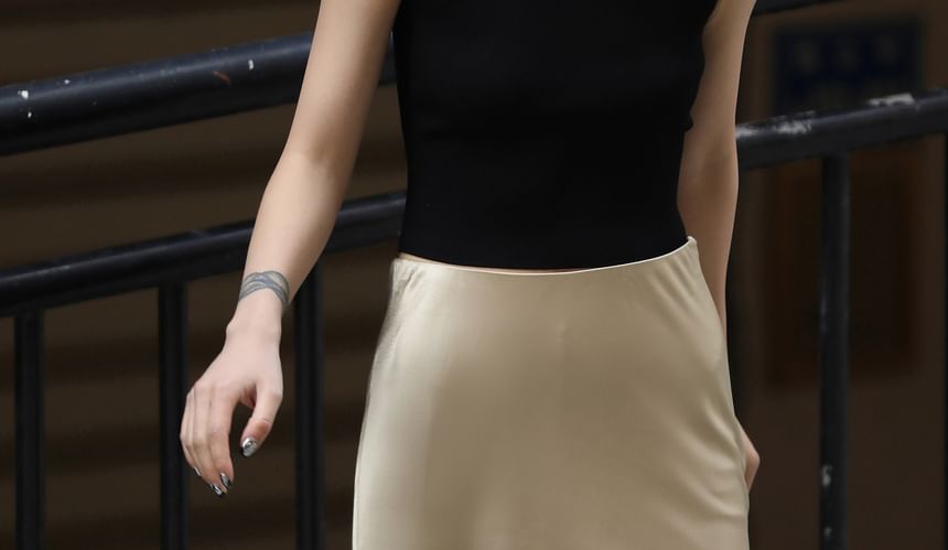 Satin Slit Rise Skirt High Midi Plain Pencil