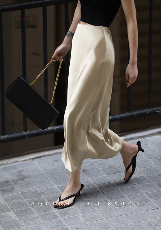 Satin Slit Rise Skirt High Midi Plain Pencil