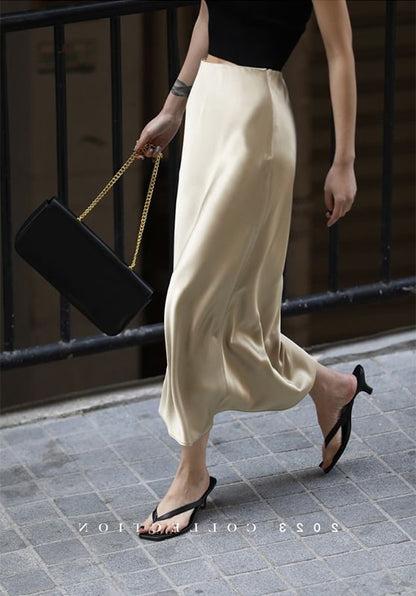 Rise Satin Midi Skirt Slit Pencil Plain High