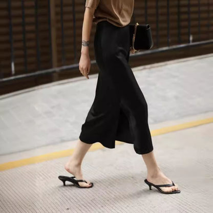 Satin Slit Rise Skirt High Midi Plain Pencil