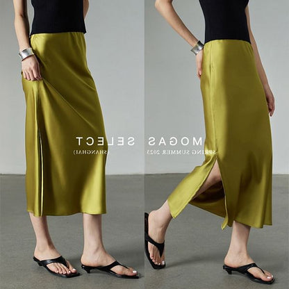 Rise Satin Midi Skirt Slit Pencil Plain High