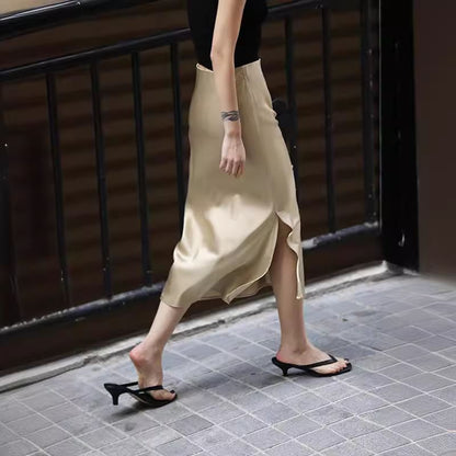 Satin Slit Rise Skirt High Midi Plain Pencil