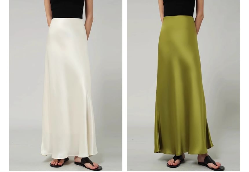 Skirt Maxi Waist A-Line High Plain Satin