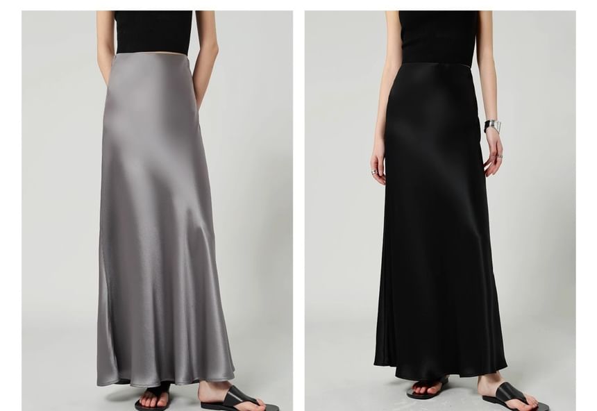 Skirt Maxi Waist A-Line High Plain Satin