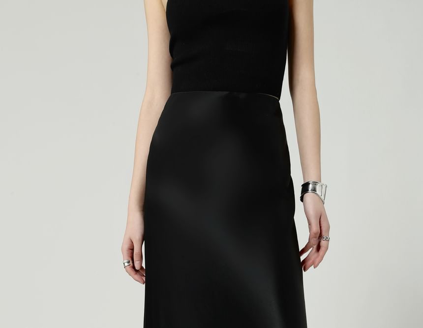 Waist A-Line Skirt Plain Maxi High Satin
