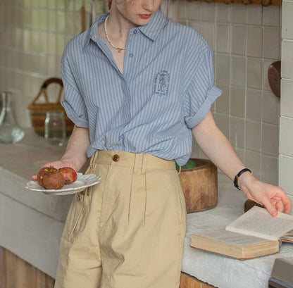 Embroidered Blouse Elbow-Sleeve Striped Button-Up Collared