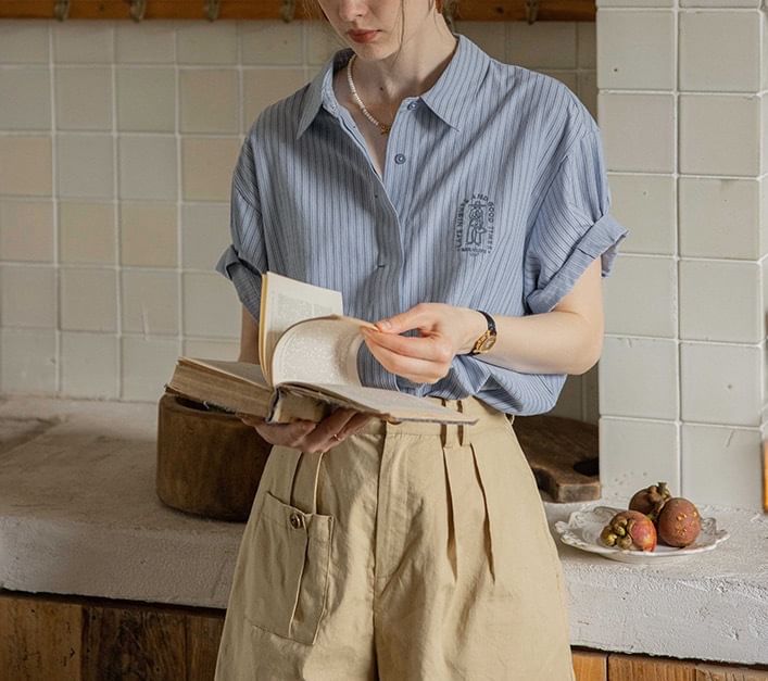 Blouse Embroidered Collared Striped Elbow-Sleeve Button-Up