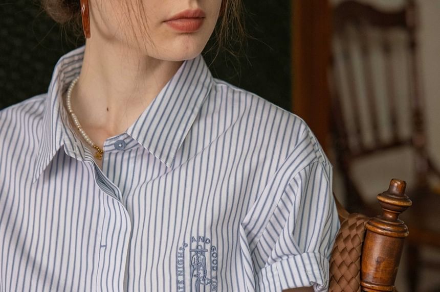 Blouse Embroidered Collared Striped Elbow-Sleeve Button-Up