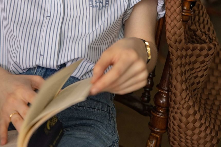 Embroidered Blouse Elbow-Sleeve Striped Button-Up Collared