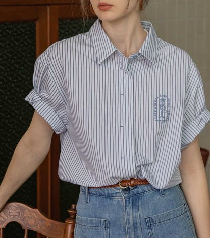 Embroidered Blouse Elbow-Sleeve Striped Button-Up Collared