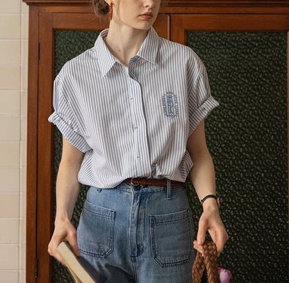 Embroidered Blouse Elbow-Sleeve Striped Button-Up Collared