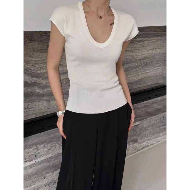 Slim Scoop Knit Cap-Sleeve Neck Plain Top Fit
