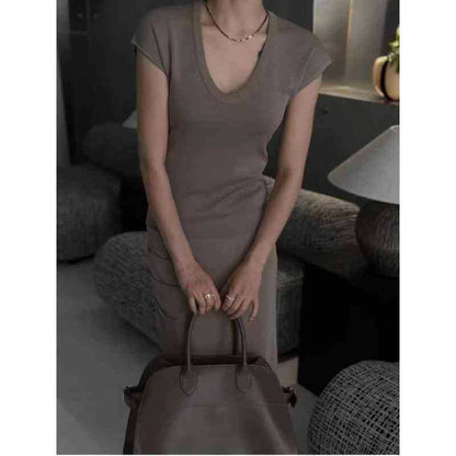 Top Plain Slim Scoop Fit Neck Cap-Sleeve Knit