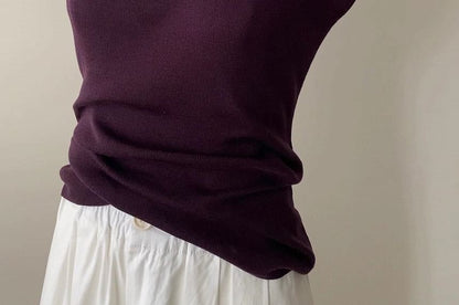 Top Plain Slim Scoop Fit Neck Cap-Sleeve Knit