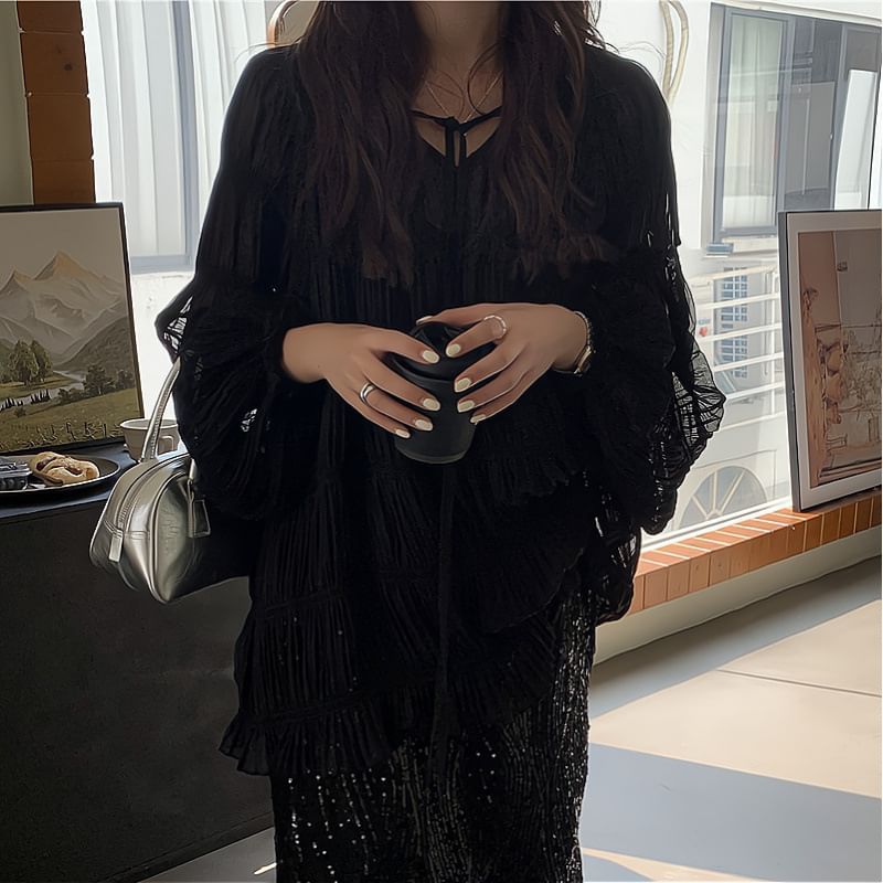 Sheer Blouse Cami Top Rise Skirt Plain Tie High V-Neck / Sequin Front Midi Set H-Line Long-Sleeve