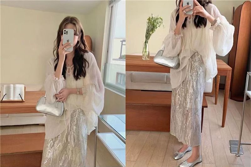 Sheer Sequin Midi Rise Long-Sleeve Cami Top Plain Tie / H-Line Front Skirt High V-Neck Set Blouse