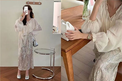 Sheer Blouse Cami Top Rise Skirt Plain Tie High V-Neck / Sequin Front Midi Set H-Line Long-Sleeve