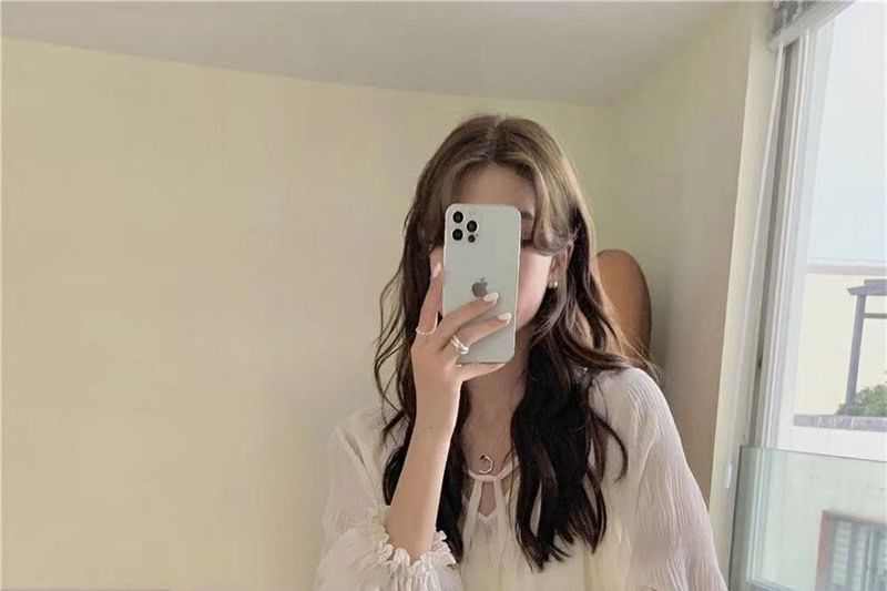 Sheer Sequin Midi Rise Long-Sleeve Cami Top Plain Tie / H-Line Front Skirt High V-Neck Set Blouse