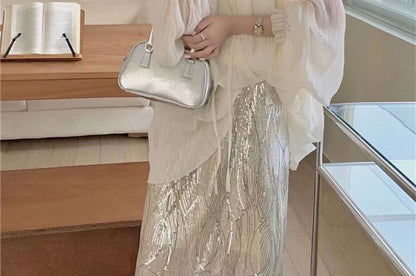 Sheer Sequin Midi Rise Long-Sleeve Cami Top Plain Tie / H-Line Front Skirt High V-Neck Set Blouse