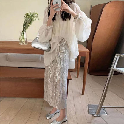 Sheer Blouse Cami Top Rise Skirt Plain Tie High V-Neck / Sequin Front Midi Set H-Line Long-Sleeve