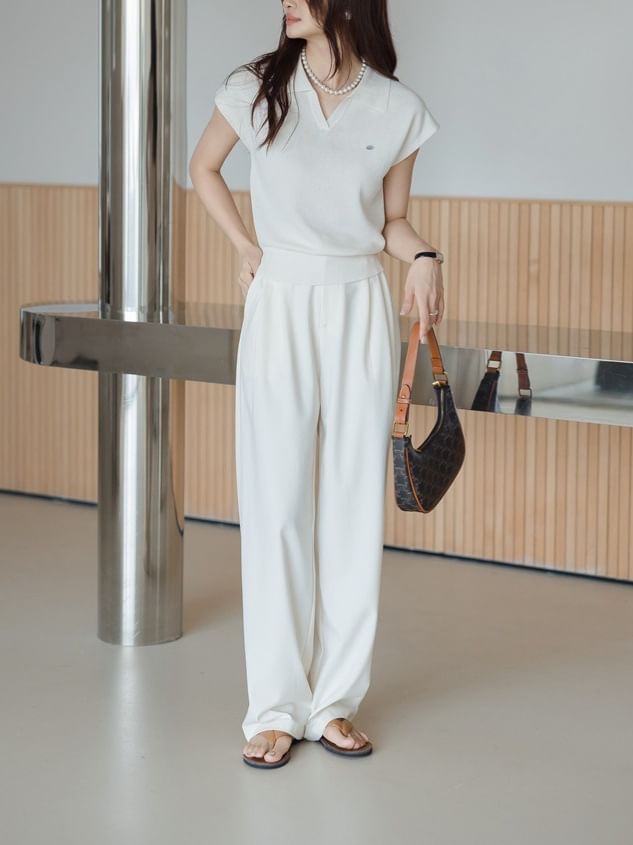 V-Neck Cap-Sleeve Top Crop Collared Knit Plain