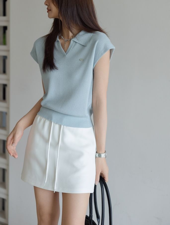 V-Neck Cap-Sleeve Top Crop Collared Knit Plain