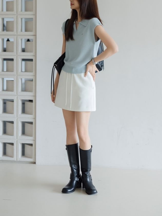 V-Neck Cap-Sleeve Top Crop Collared Knit Plain