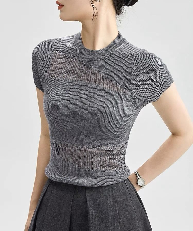 Cap-Sleeve Top Round Panel Sheer Plain Knit Neck