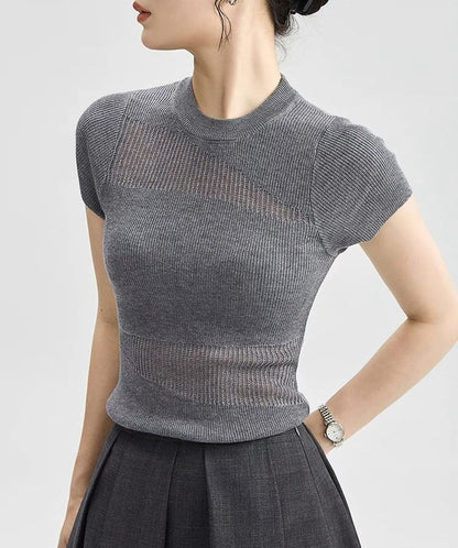 Cap-Sleeve Top Round Panel Sheer Plain Knit Neck