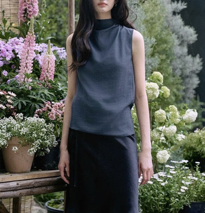 Sleeveless Neck Blouse Plain Mock